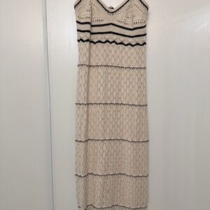 Stretchy Cream Knit Maxi Dress with Black Stripe Detail